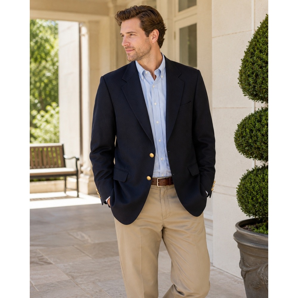 Mens Navy Blue Two Button Blazer Gold Crest Buttons Single Vent Sport Coat